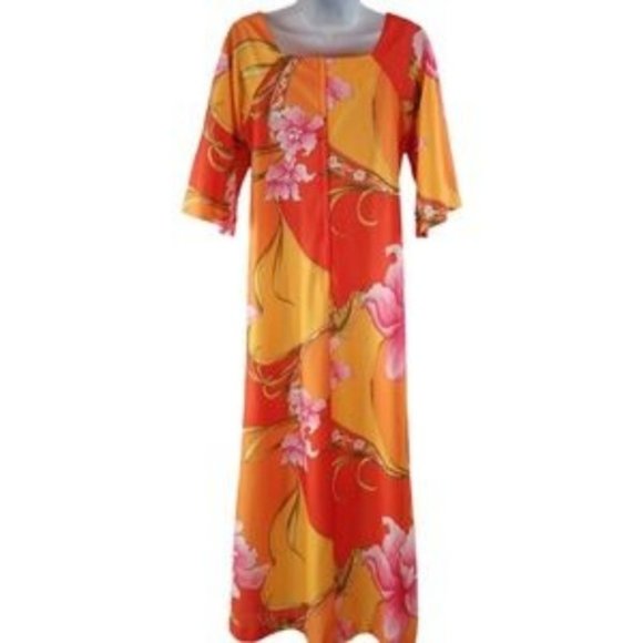 Hawaiian Togs Womens Maxi Dress 12 Vibrant Vtg 60s Orange Square Neck Elbow Slv - Picture 4 of 7